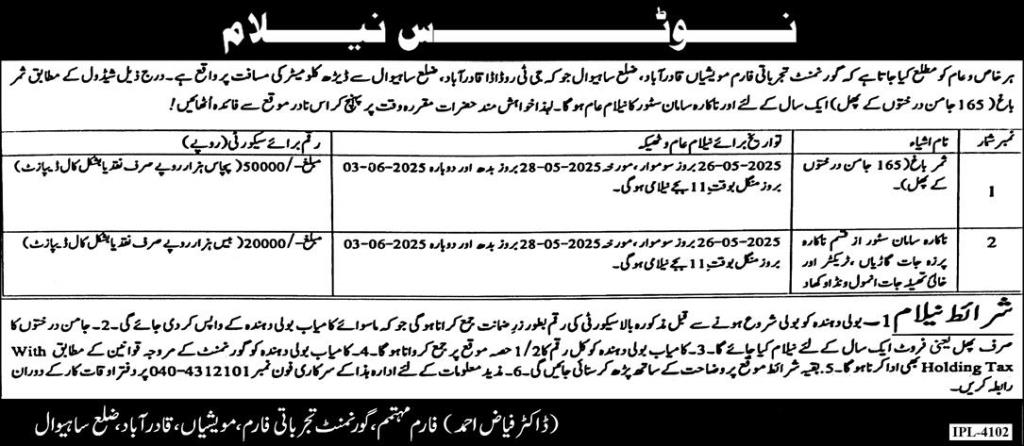 Government Sector Organization Sahiwal Tender Notice